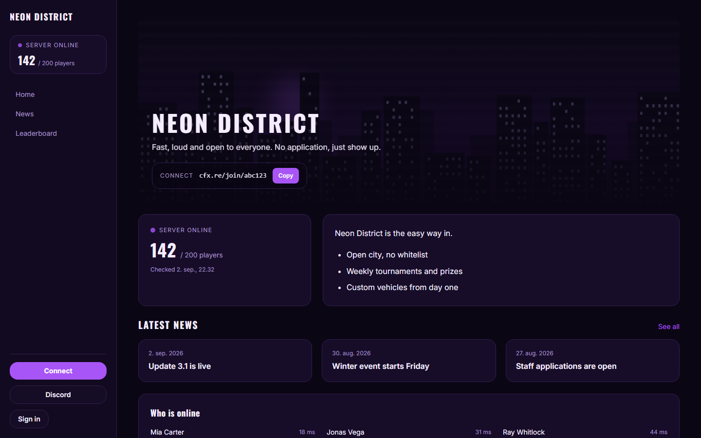 The Arcade template, shown on Neon District