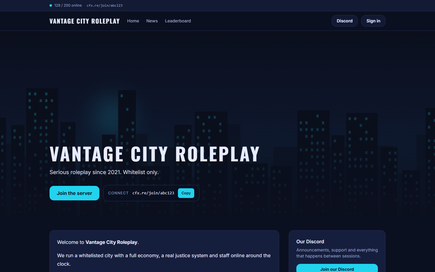 The Vantage City Roleplay website built with Communio