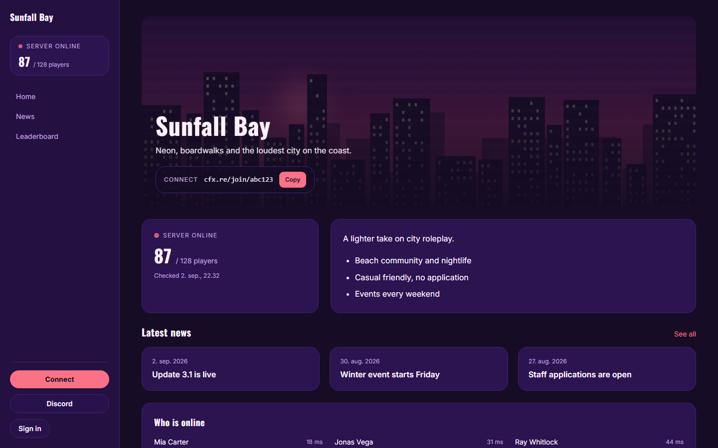 The Sunset template, shown on Sunfall Bay